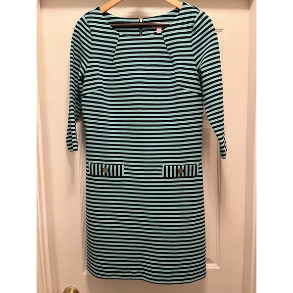Lilly Pulitzer Charlene Navy Aqua Blue Stripes Dress Gold Buttons Sz M Jackie-O - Picture 3 of 16